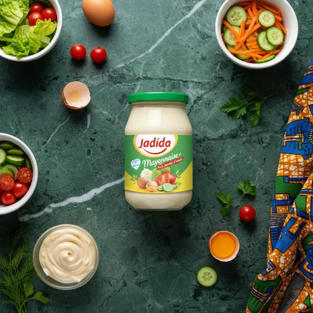 Mayonnaise JADIDA posée sur table en marbre entourée d'ingrédients frais, parfaite pour salades et plats cuisinés.